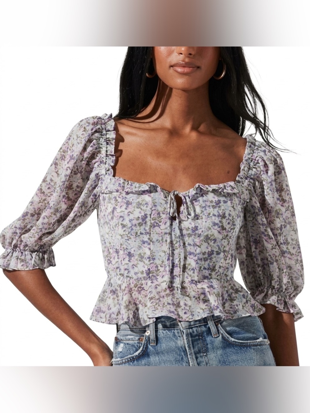 NWT - ASTR the label Blue Purple Ditsy Floral Ruffle Square-Neck Corset Crop Top